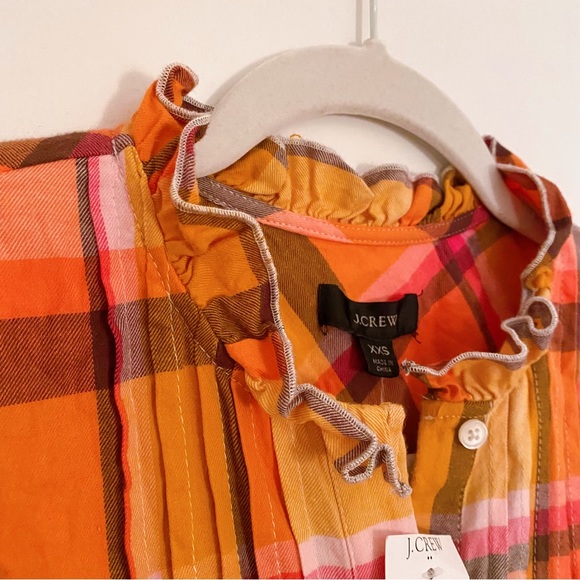 🍊 J.CREW ORANGE YELLOW RUFFLE COLLAR PLAID BUTTON DOWN SHIRT! - Picture 8 of 16